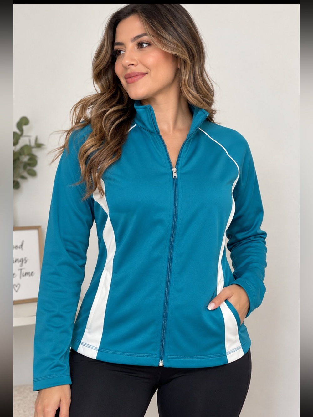 Women's Teal Full-Zip Utility Jacket with White Panels